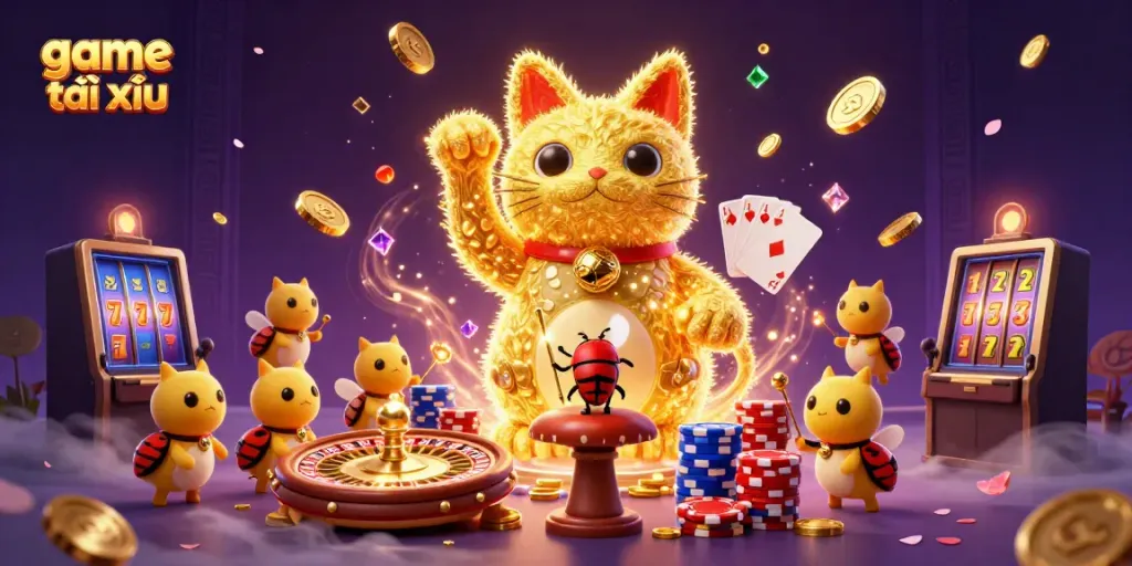 Experience thrilling moments in game tài xỉu with a dynamic casino scene featuring a lucky cat and various symbols.
