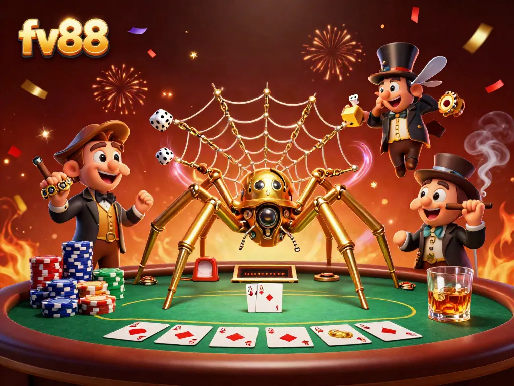 Experience the thrilling gameplay of fv88 with a vibrant illustration showcasing a steampunk spider and casino chips.
