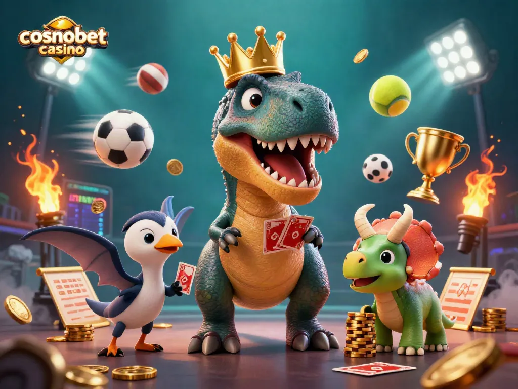 Enjoy thrilling gameplay at cosmobet casino with a T-Rex card dealer and animated sports elements.