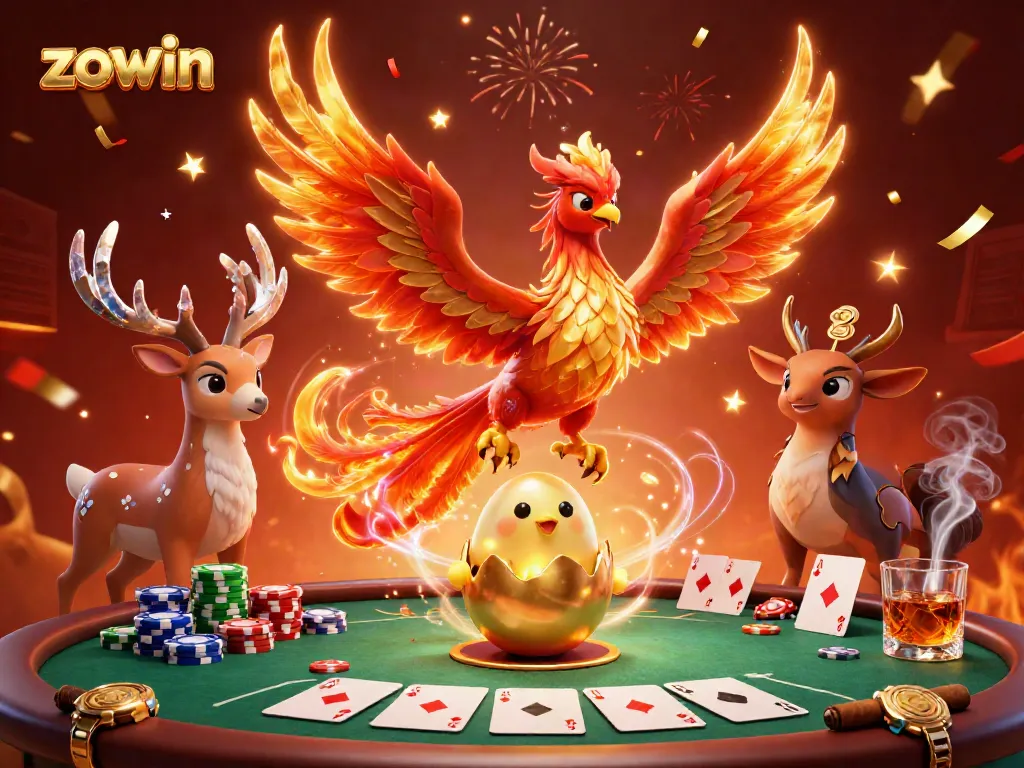 Experience the excitement of zowin with a phoenix-themed poker scene filled with vibrant casino elements.