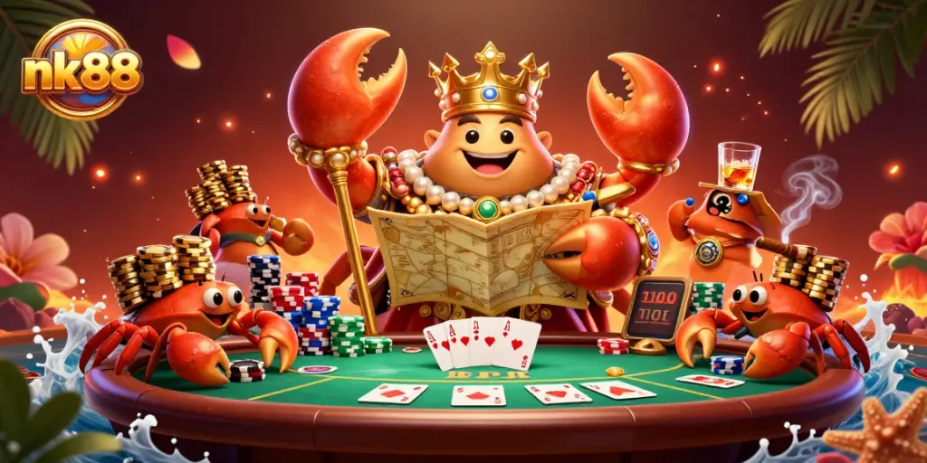 Engage in exhilarating gameplay at nk88's vibrant live casino featuring a golden crab and playful hermit crabs.