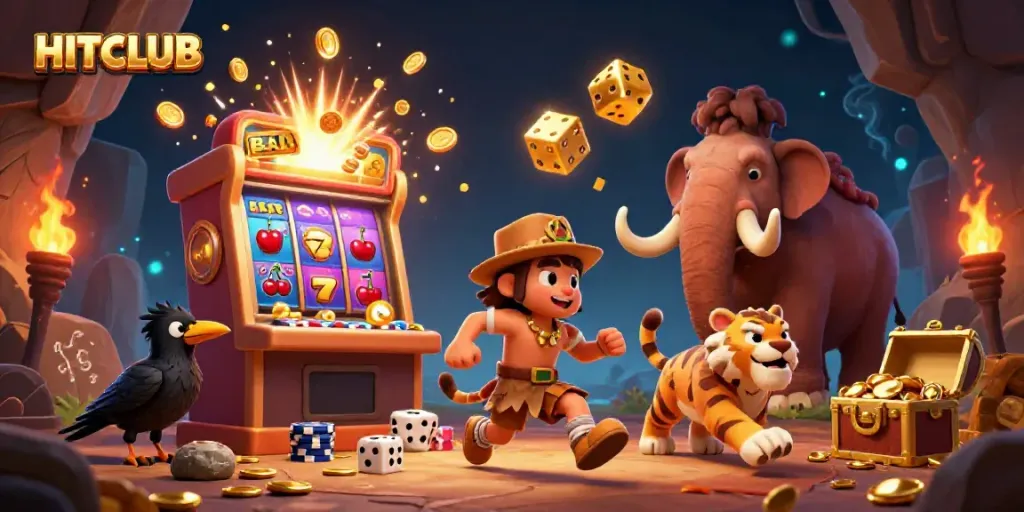 Experience thrilling games at HITCLUB with prehistoric characters in a vibrant casino scene.
