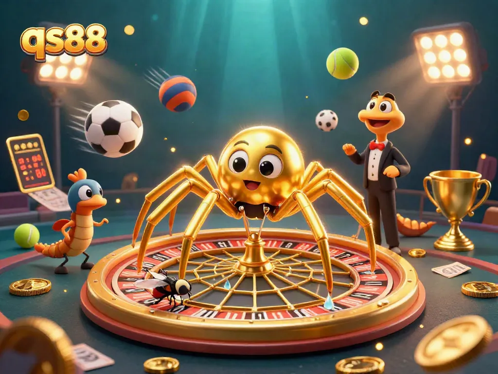 Experience the thrilling world of qs88 as a golden spider weaves a roulette web surrounded by betting elements.