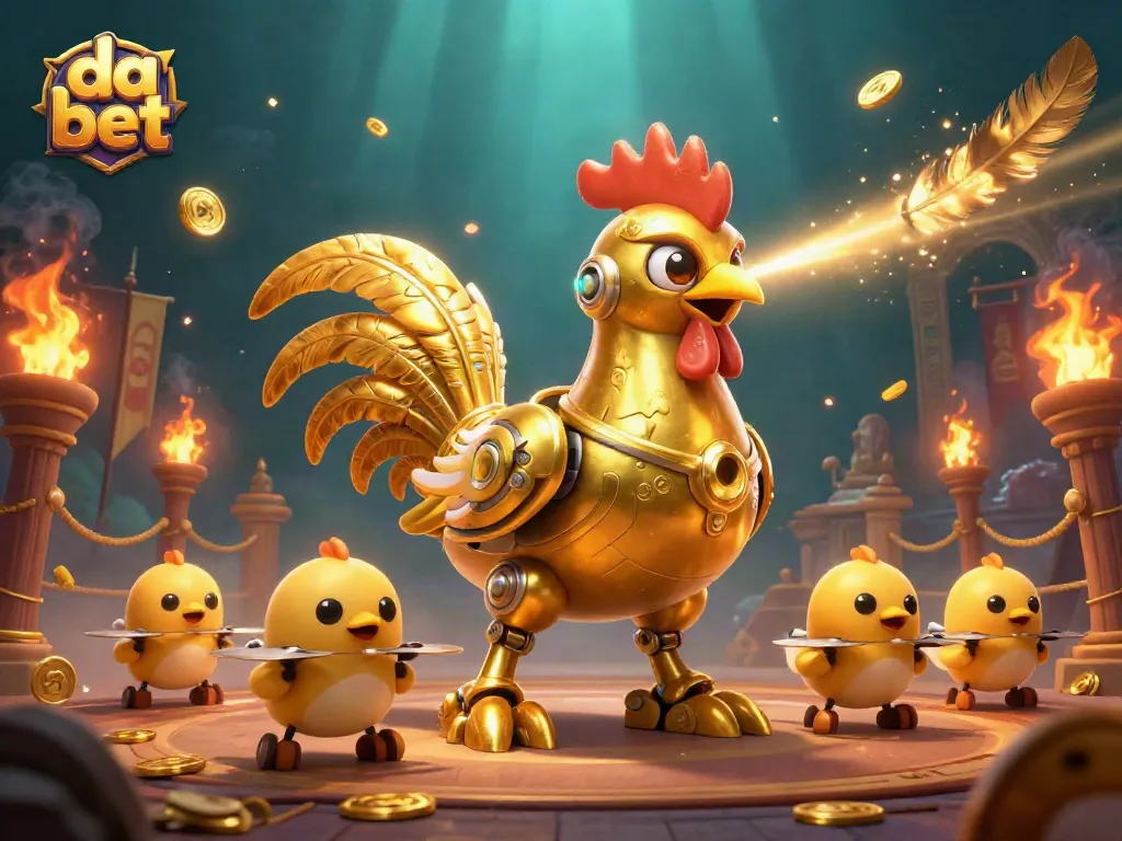 Engage in thrilling da bet opportunities with a golden rooster robot leading the adventure in a vibrant casino setting.