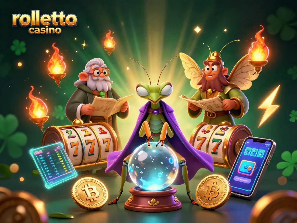 Experience the magic of rolletto casino with slot reels, a fortune teller, and cryptocurrency elements.