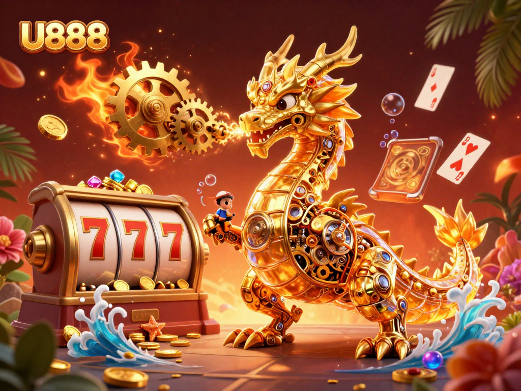 Experience thrilling slot wins with U888's vibrant 3D casino illustration showcasing golden treasures and game elements.