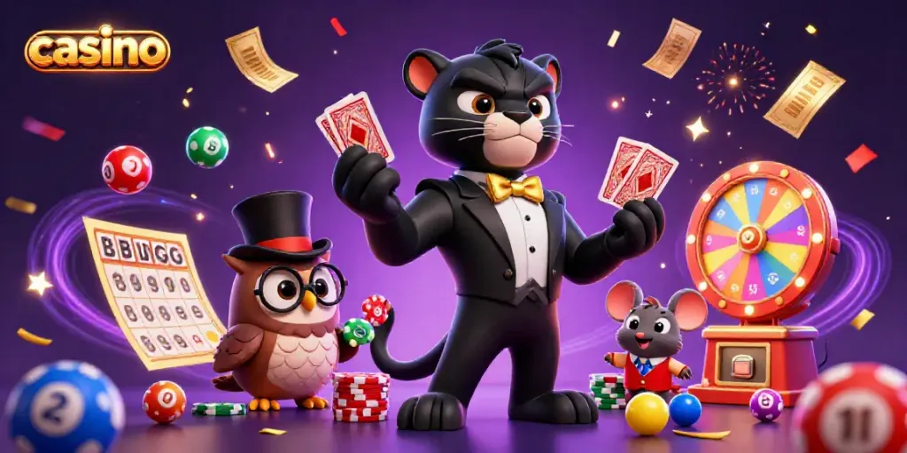Experience a vibrant casino atmosphere with a tuxedoed panther, an owl, and a lucky mouse.
