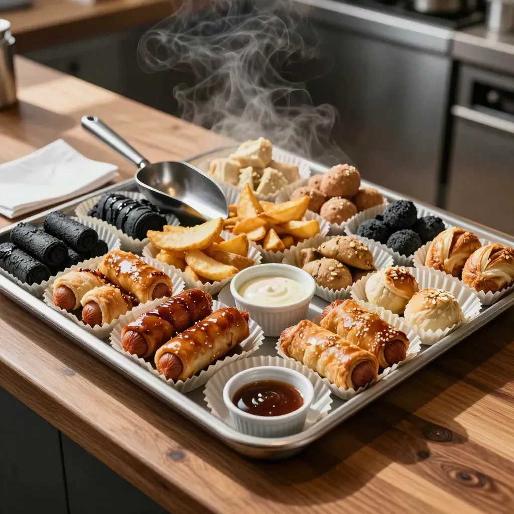 Overhead snack tray with sausage rolls, wedges, pastries and crisp bites on a warm prep counter.