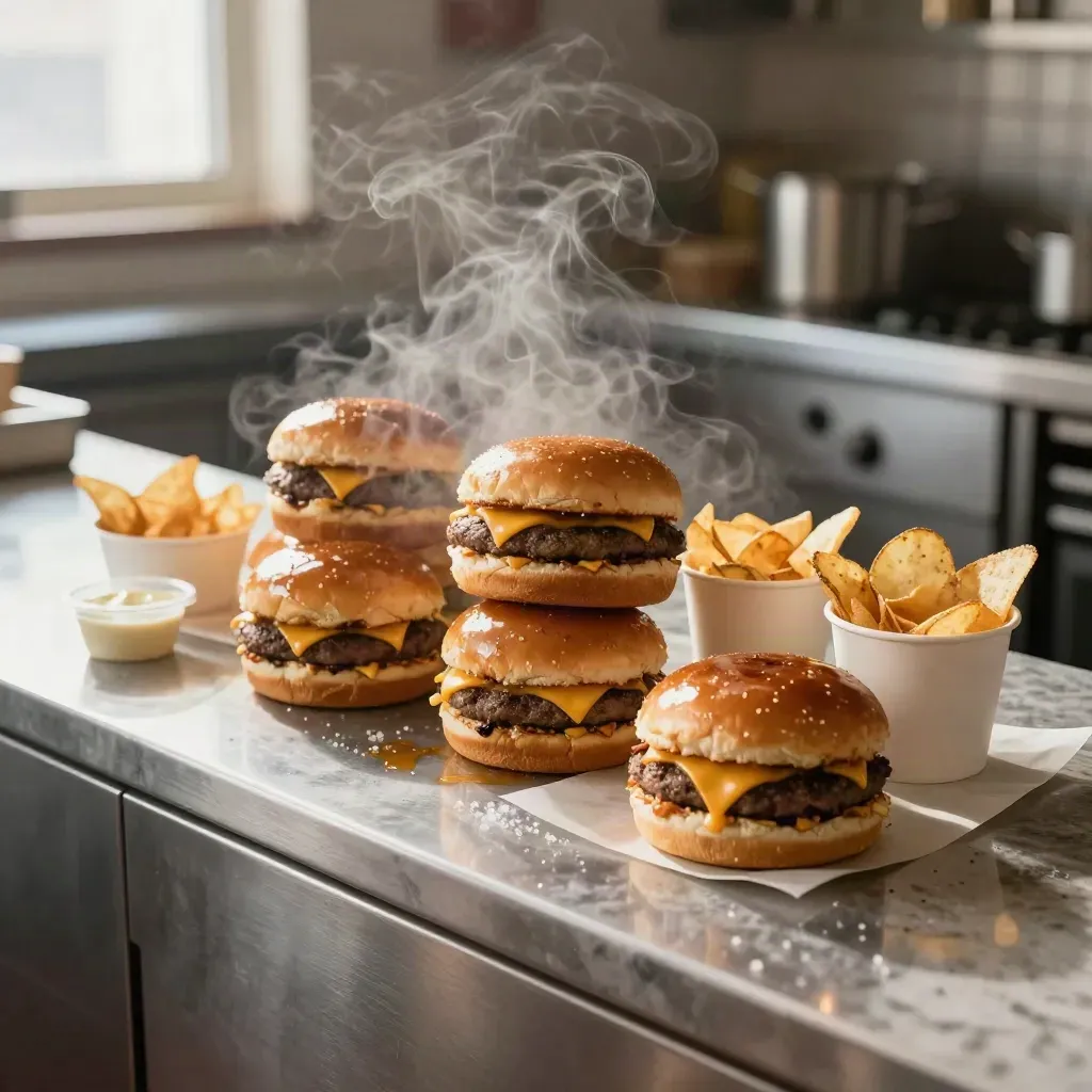 Steaming burger bundles on a stainless pass, chips and dip cups stacked for late-shift service.
