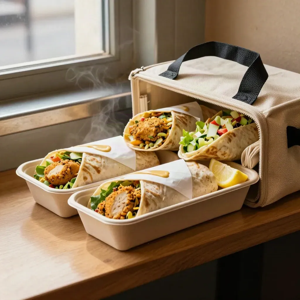 Three open wrap boxes with chicken, falafel and salad wraps beside a carrier bag.