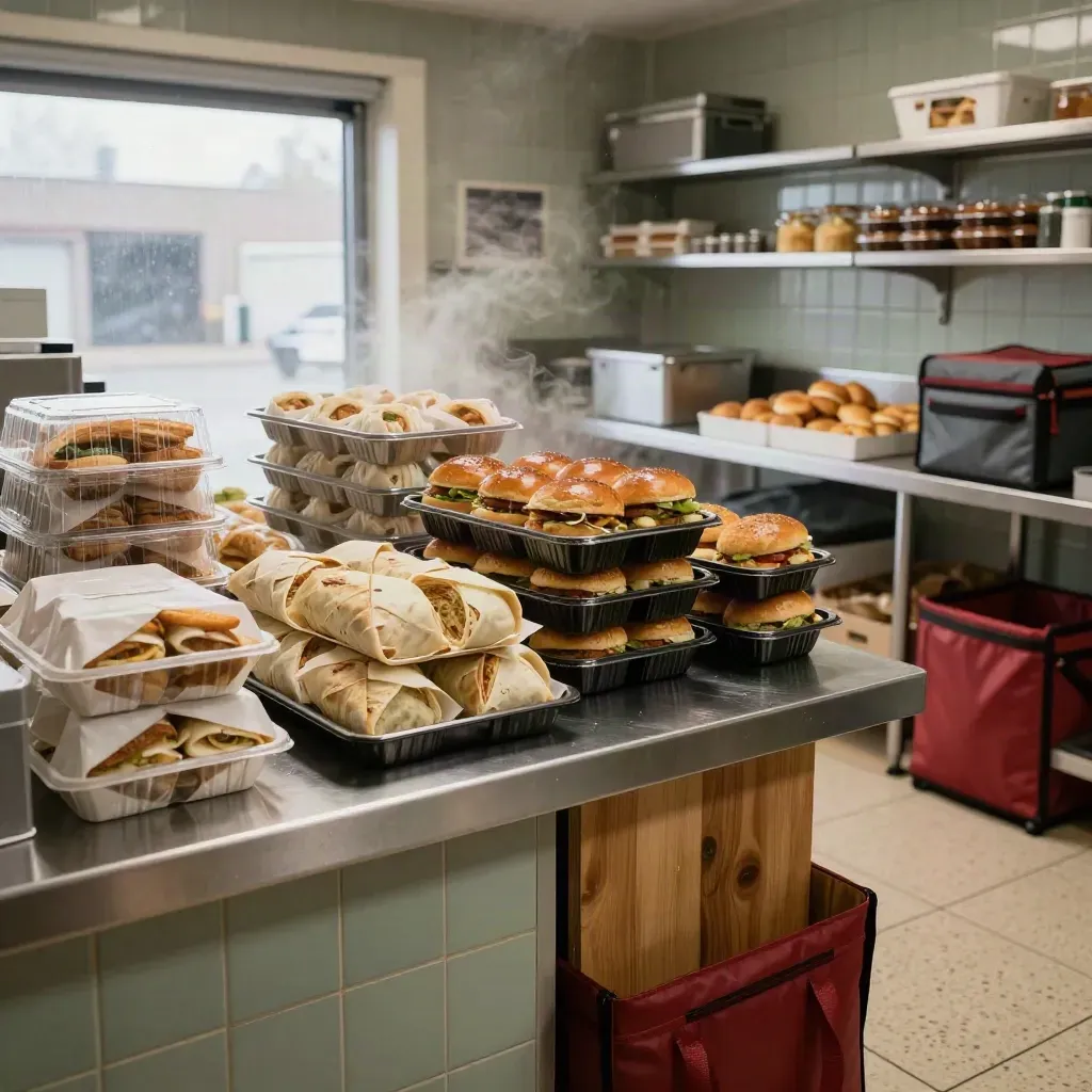 Moody prep kitchen with takeaway platters, rolls, wraps and delivery totes in steam and haze.