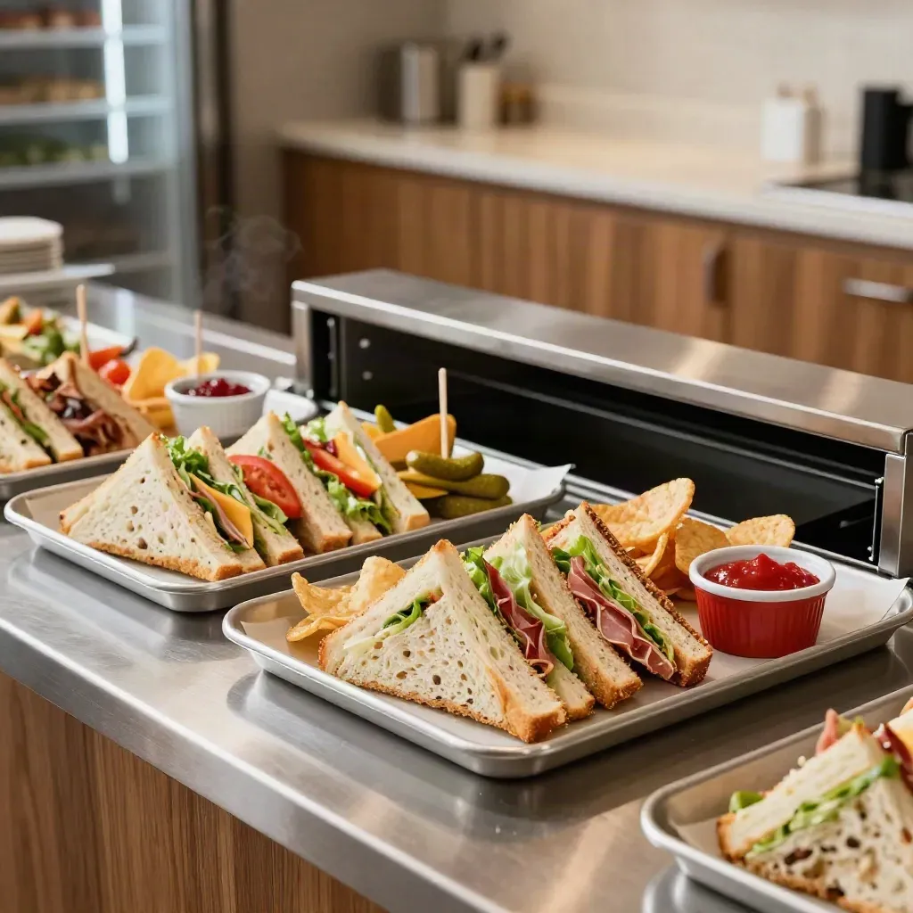 Mixed sandwich platters on a catering counter in a bright office kitchenette.