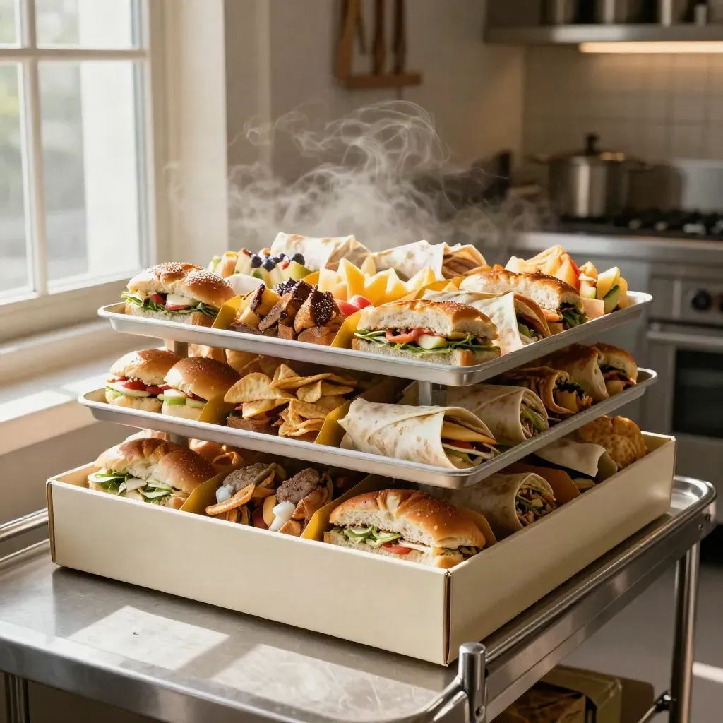 Catering tray of mini sandwiches, wraps, fruit and crisps stacked in a chilled dispatch box.