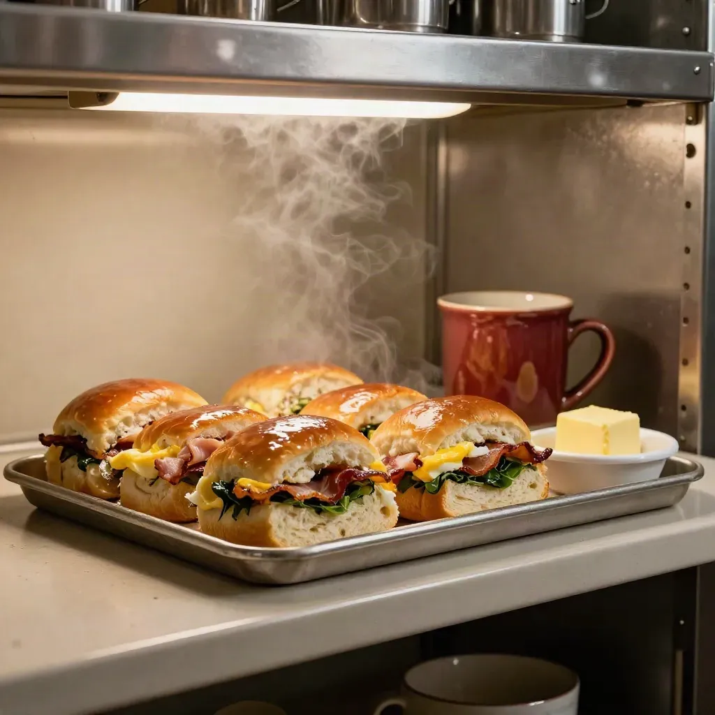 Steaming breakfast rolls in foil sleeves on a prep shelf beside a mug and butter dish.