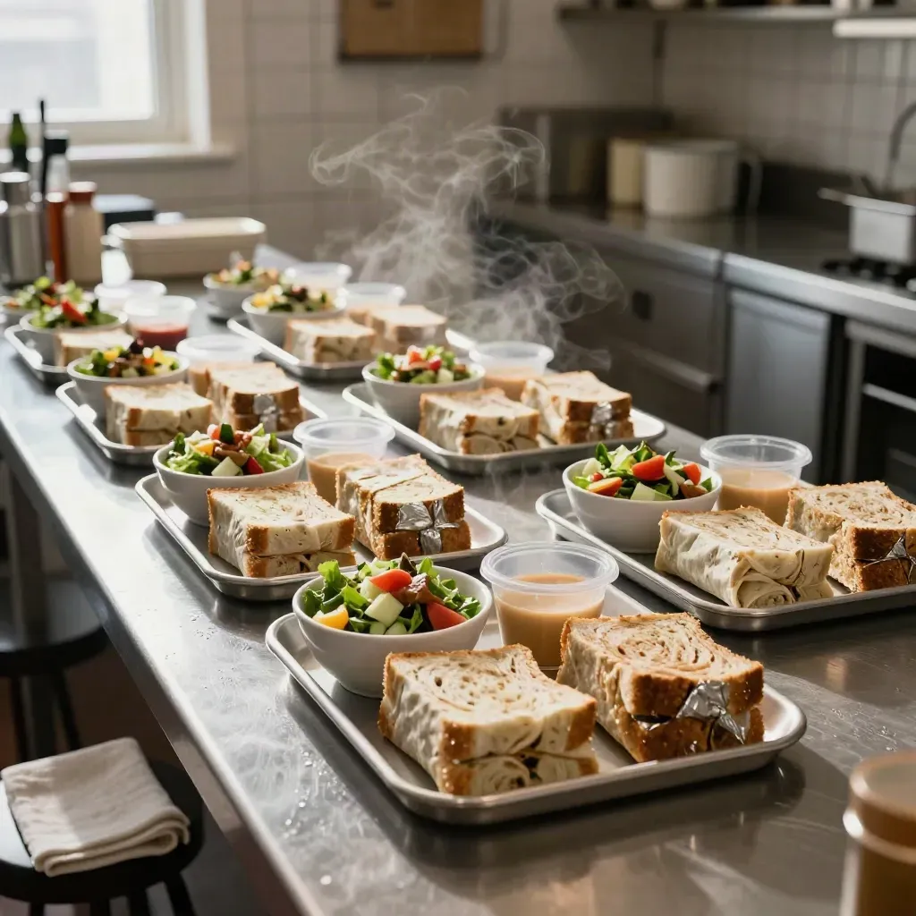 Sandwich trays and salad bowls lined up on a stainless counter in warm kitchen light