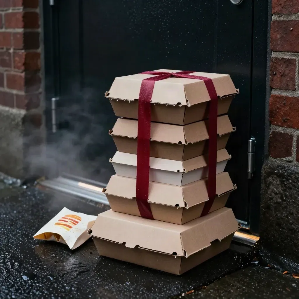 Burger boxes and chips in a delivery crate outside a closed back door at night.
