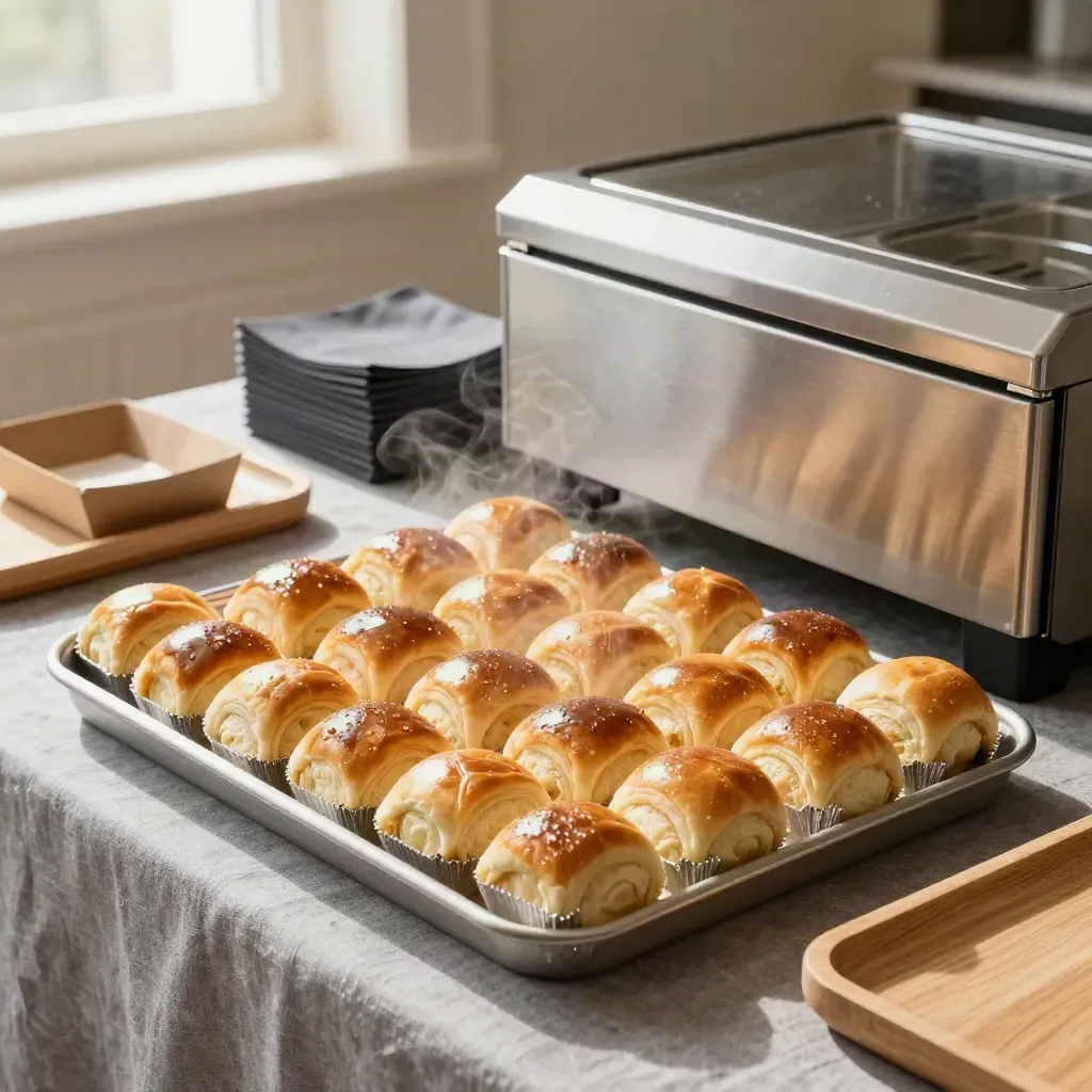Steaming breakfast rolls in foil boxes beside a warming cabinet and napkin stack on ash-grey linen.