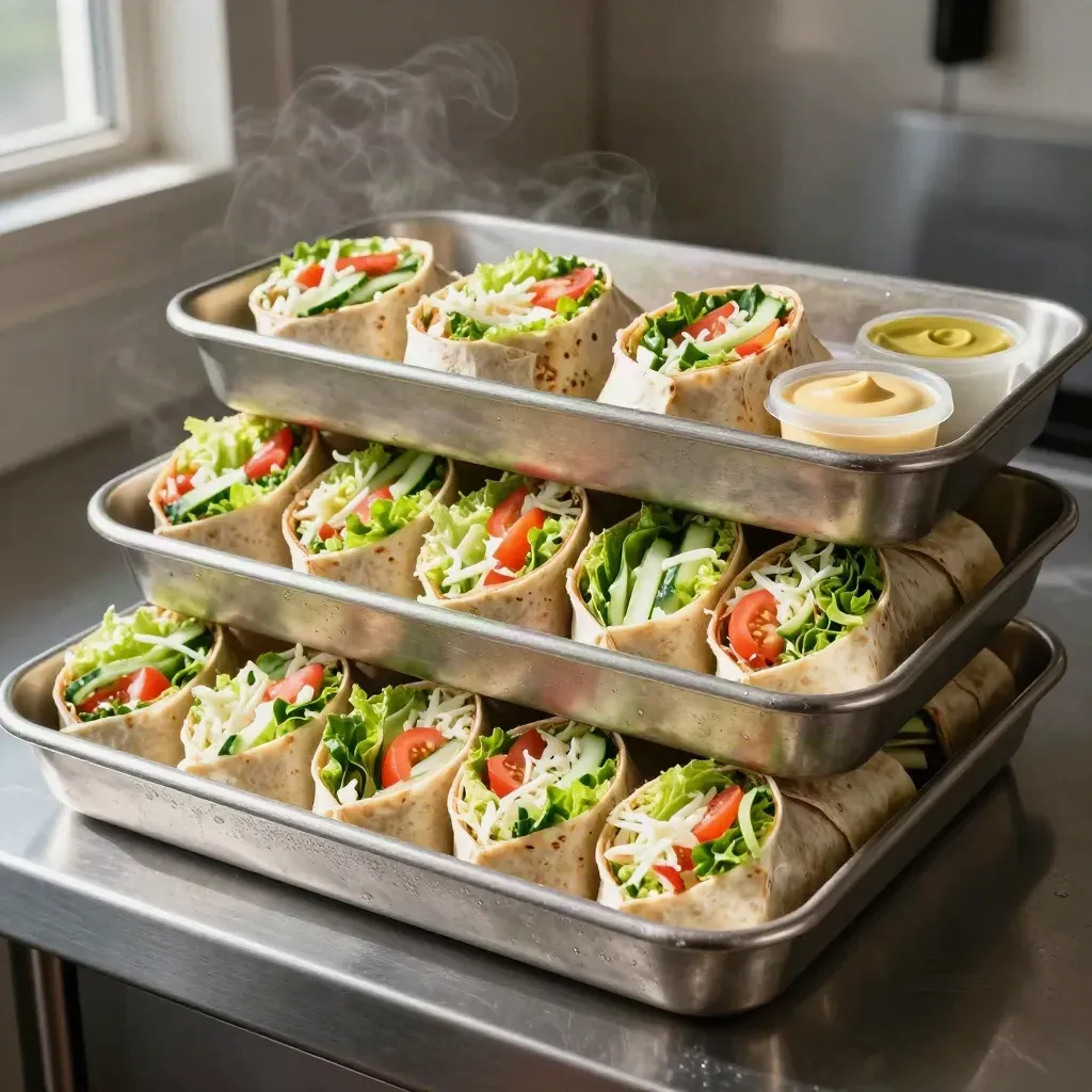Three wrap trays in a chilled carrier with salad sides and sauce pots, overhead on a prep shelf.