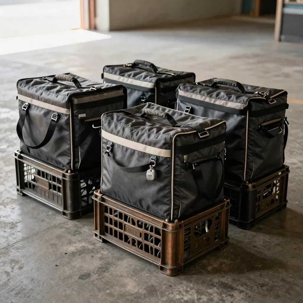 Three delivery totes with crates and bike locks lined up on a concrete depot floor at dawn.