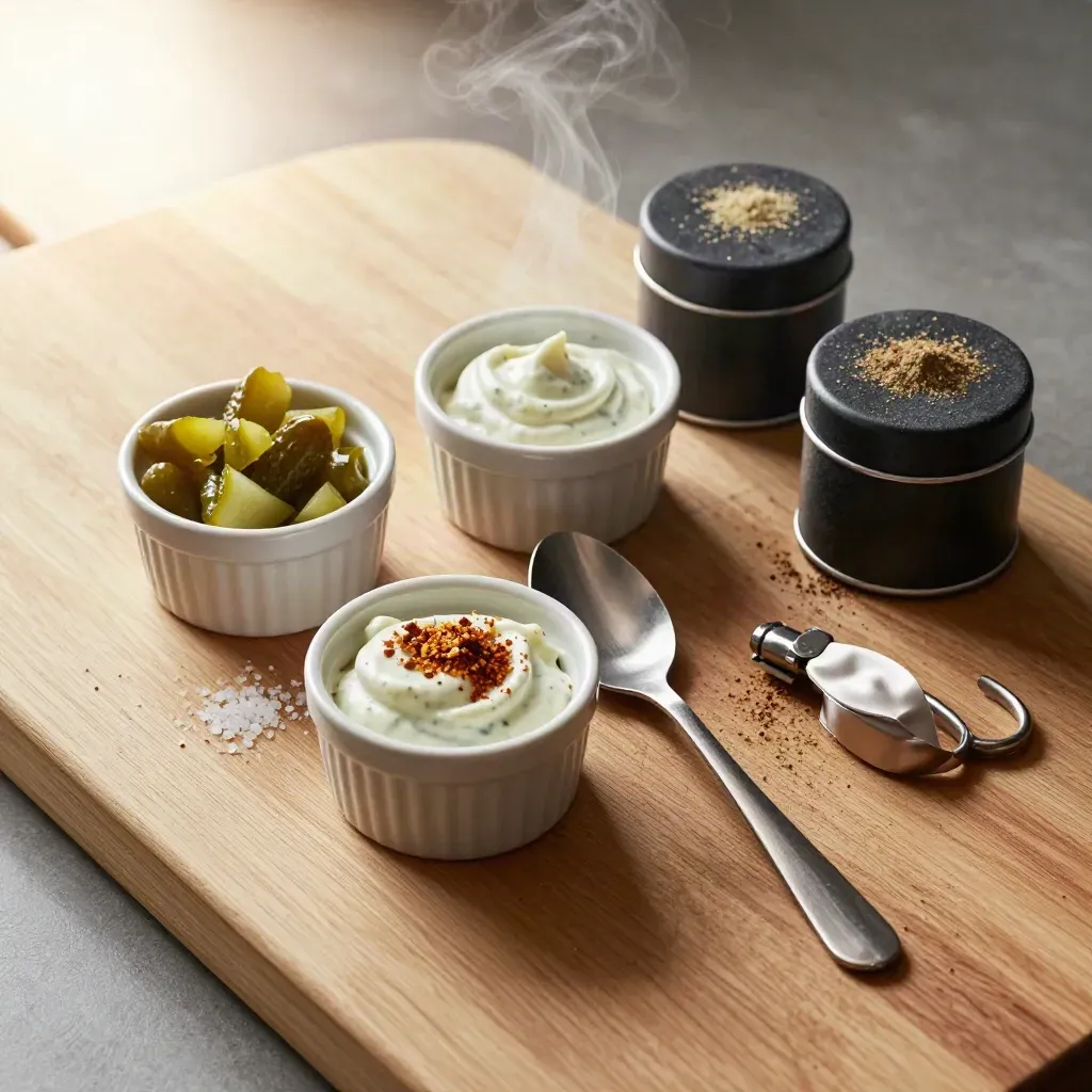 Tasting spoons, spice tins, ramekins, and kitchen shears on a butcher-block prep surface.