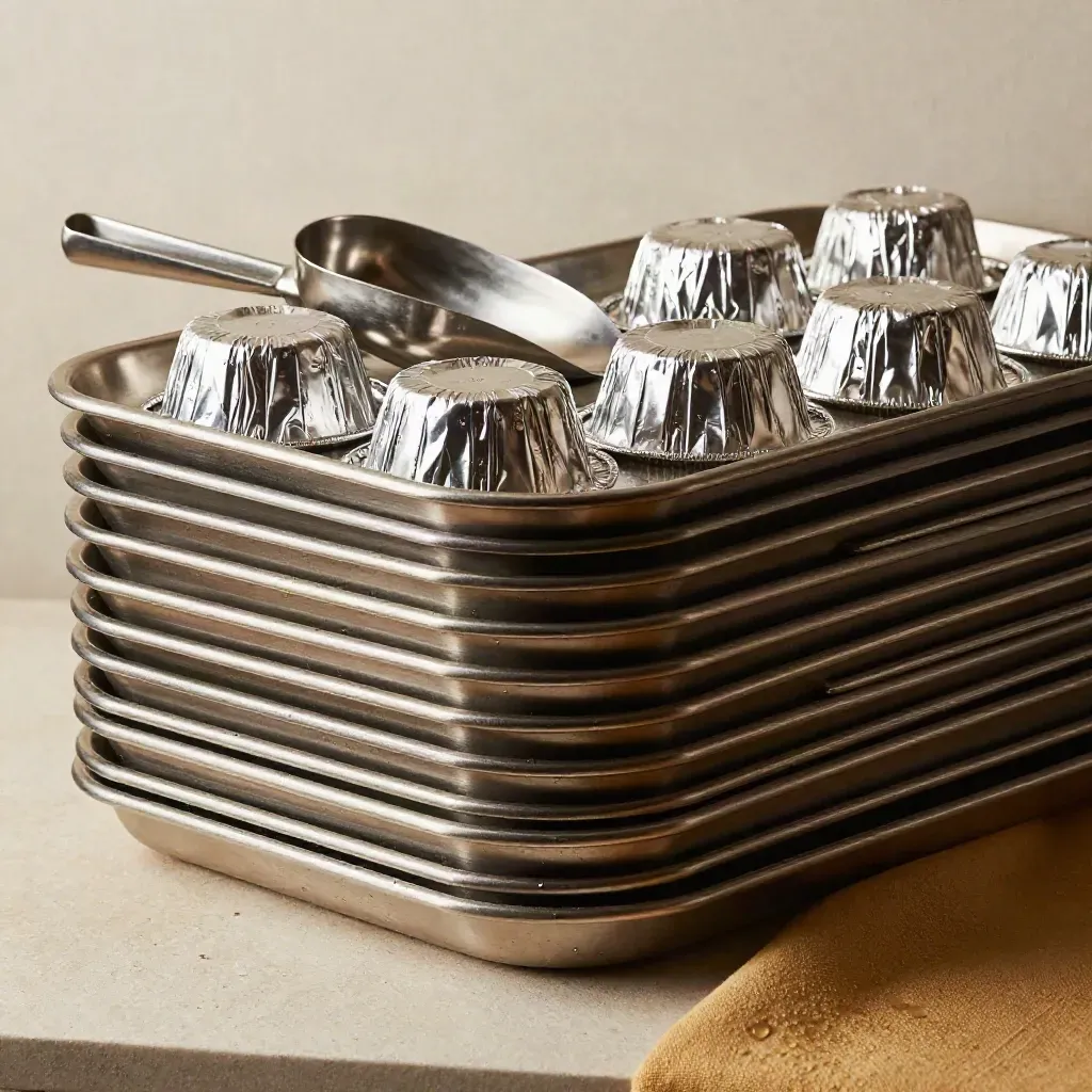 Stacked catering trays, foil domes and a serving scoop on pale stone, skimming light and kitchen haze.