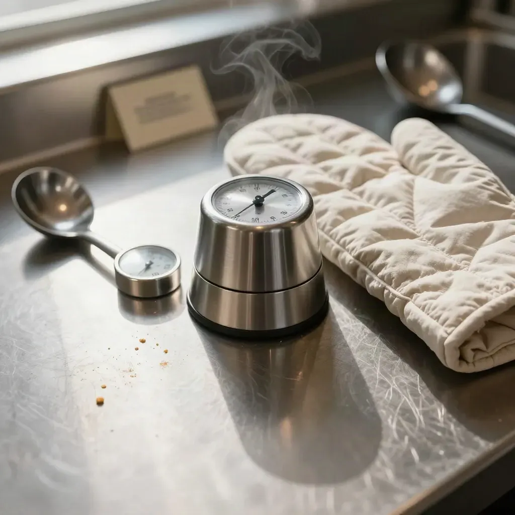 Steel pass still life with timer, thermometer, oven mitt and ladle in steam