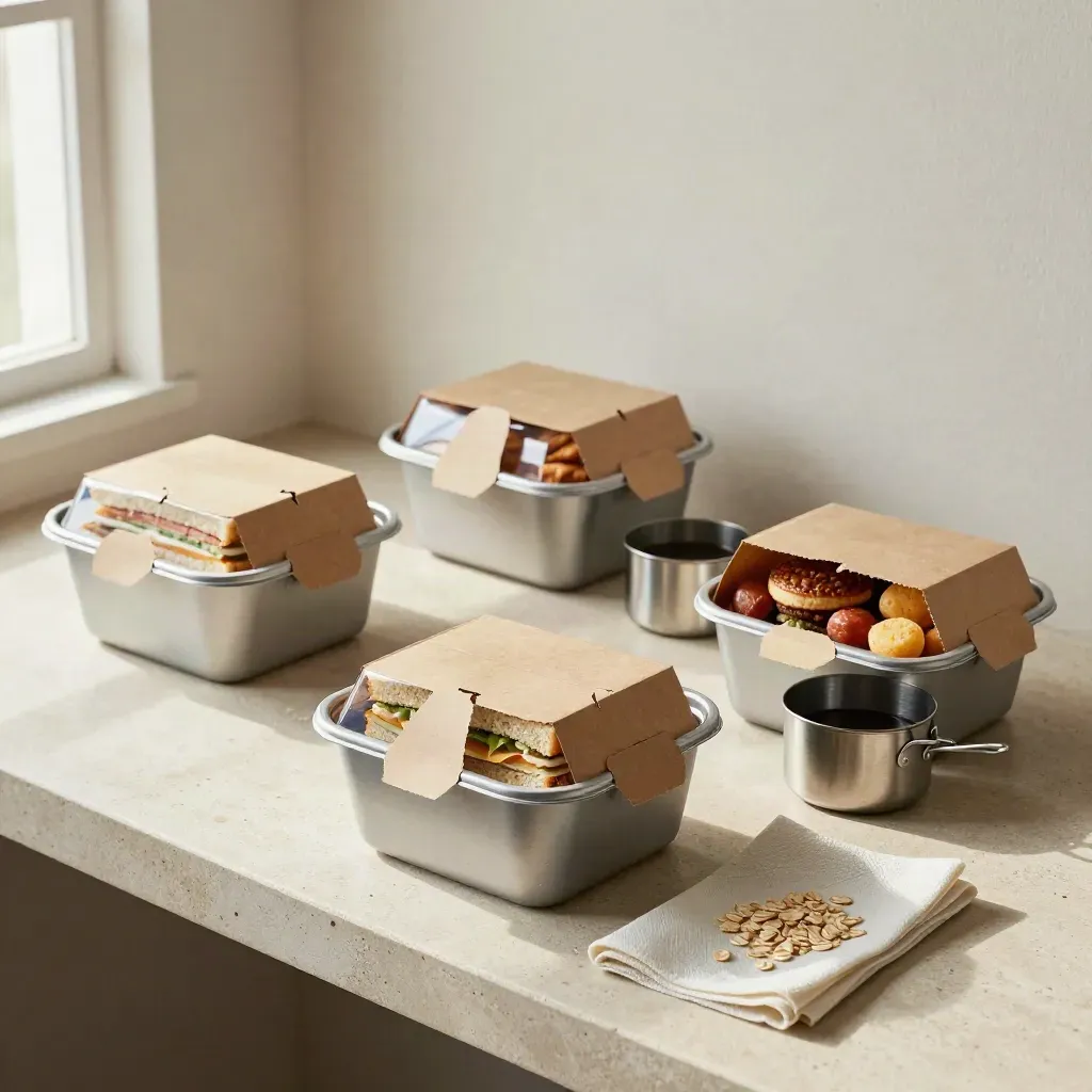 Overhead still life of four takeaway meal boxes and sauce pots on pale stone.