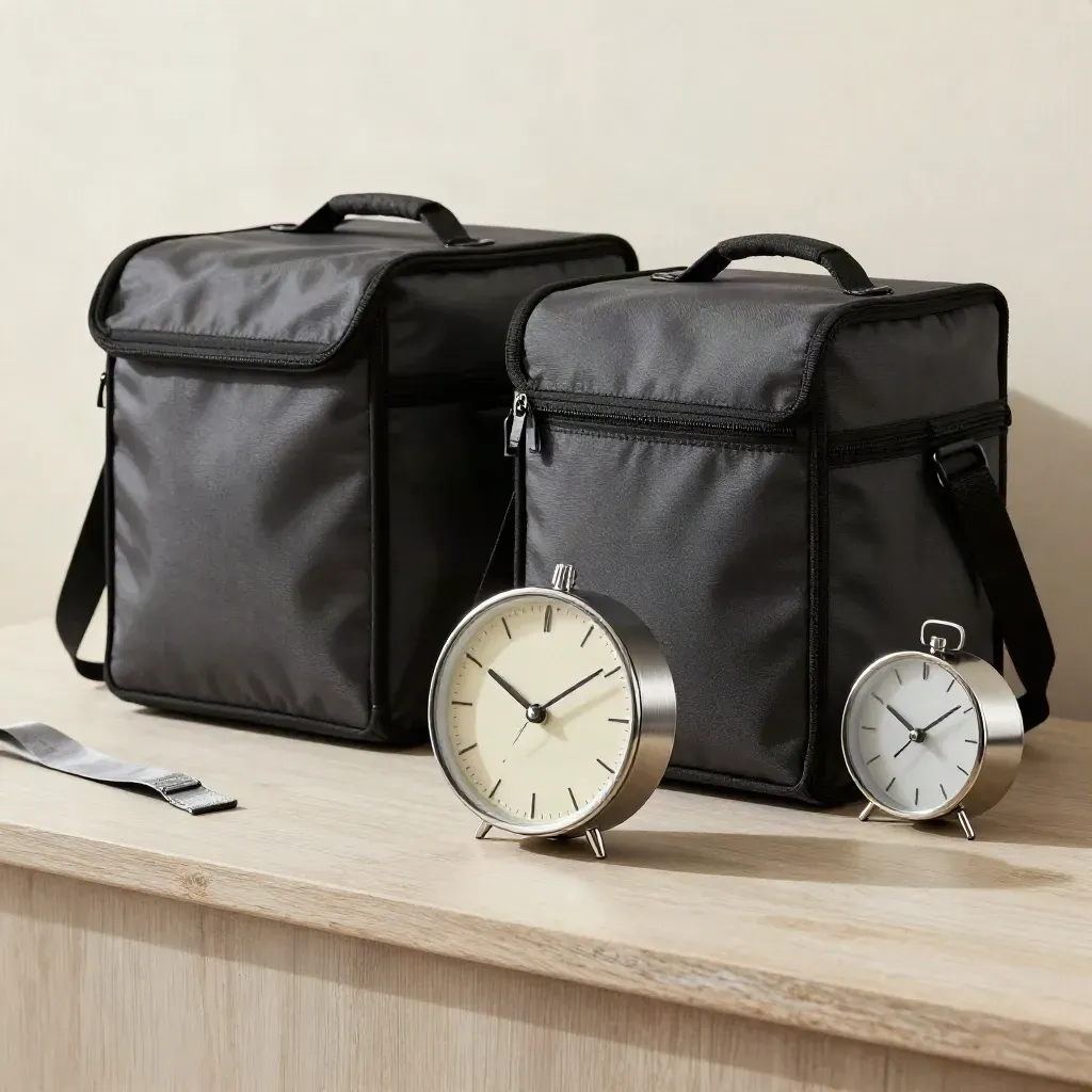 Charcoal delivery bags, a plain timer, and a blank-faced metal clock on pale wood with soft morning light