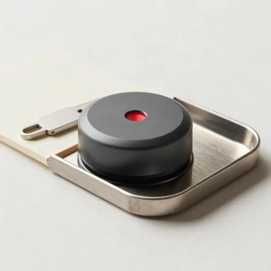 Delivery tracker puck, steel tray, and route key on a clean plaster sweep