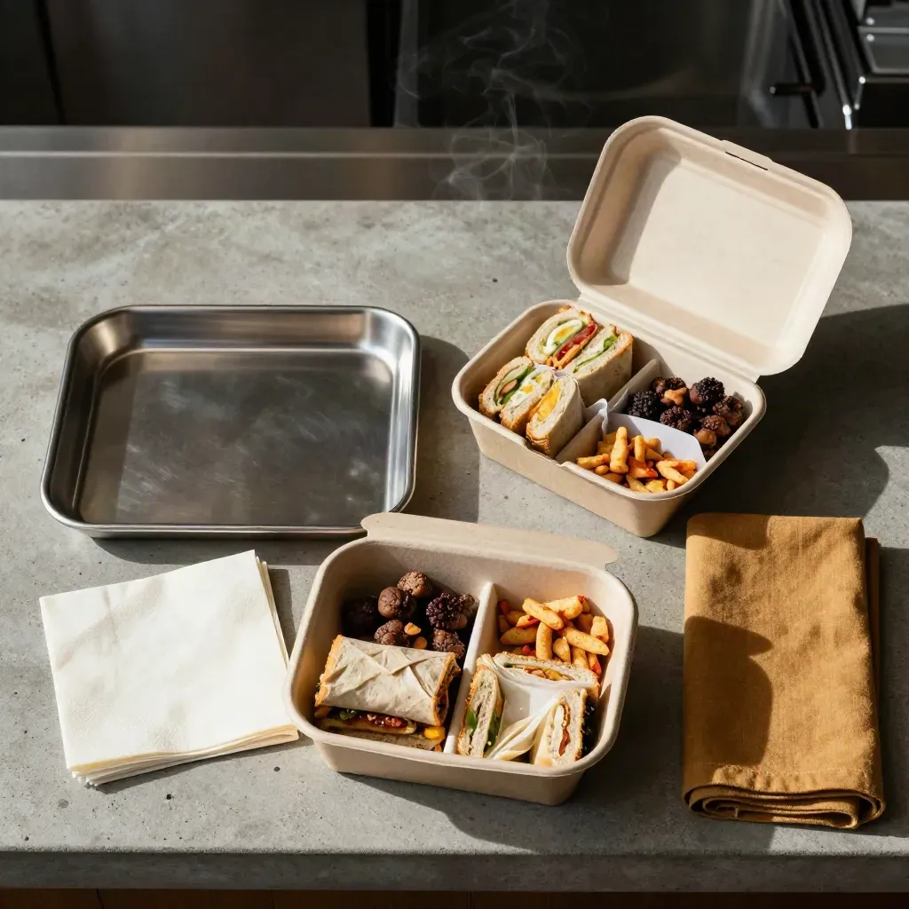Open meal boxes with napkins and a serving tray on a concrete counter, with soft steam rising.