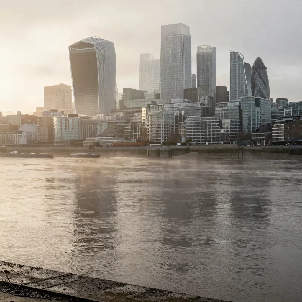 Greater London skyline and Canary Wharf over the misty Thames at dawn after rain