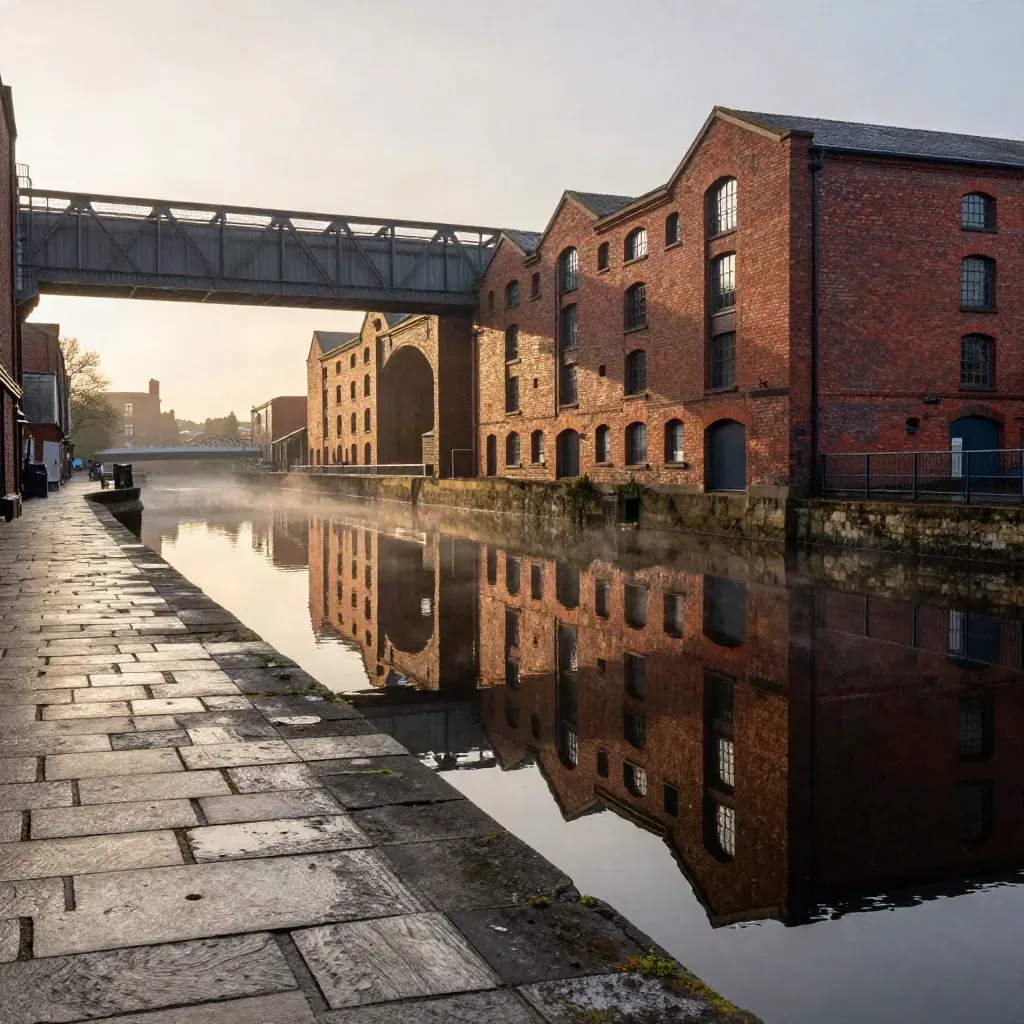 Golden-hour Manchester canals with red brick mills, rail arches and misty reflections.