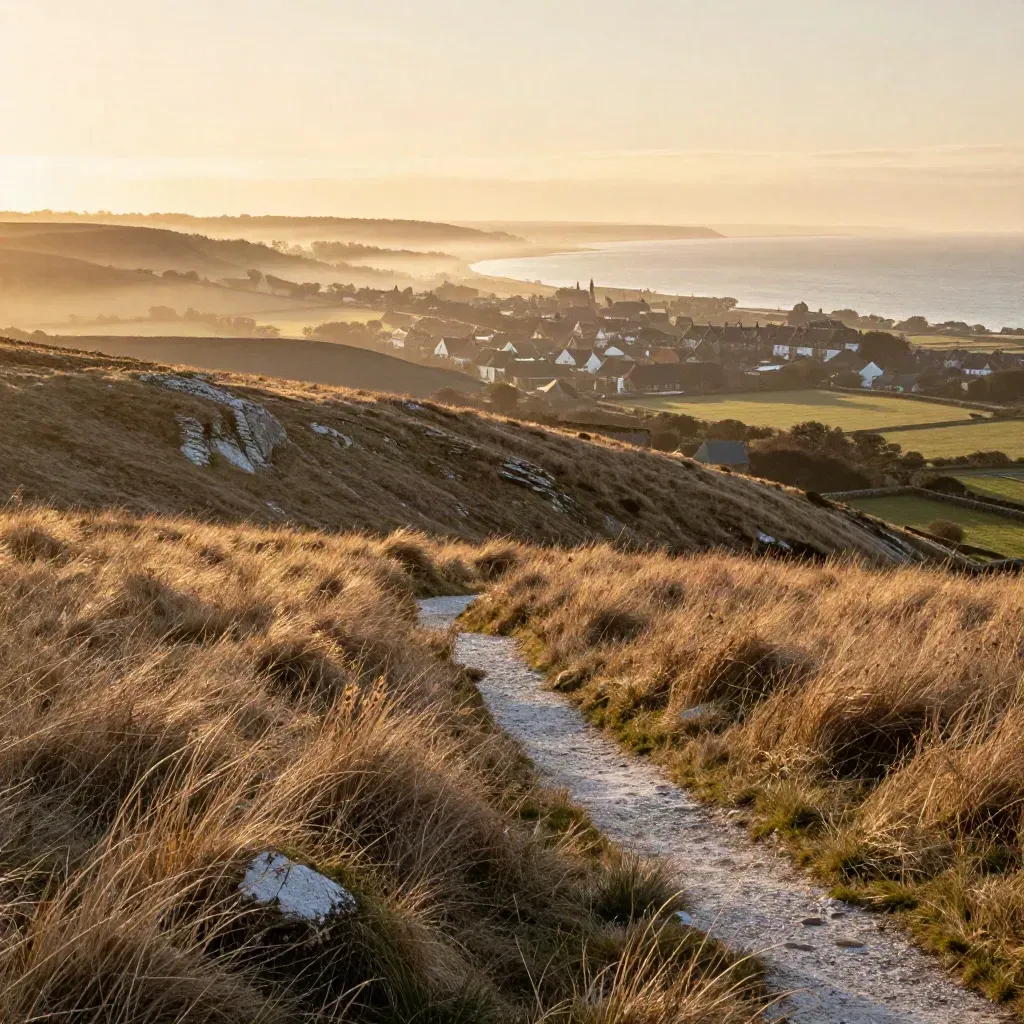 Chalk downs glow above a misty coastal town at golden hour.