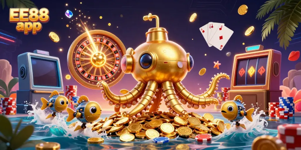 Engage with the EE88 app for thrilling casino experiences in a vibrant 3D illustration filled with golden coins.