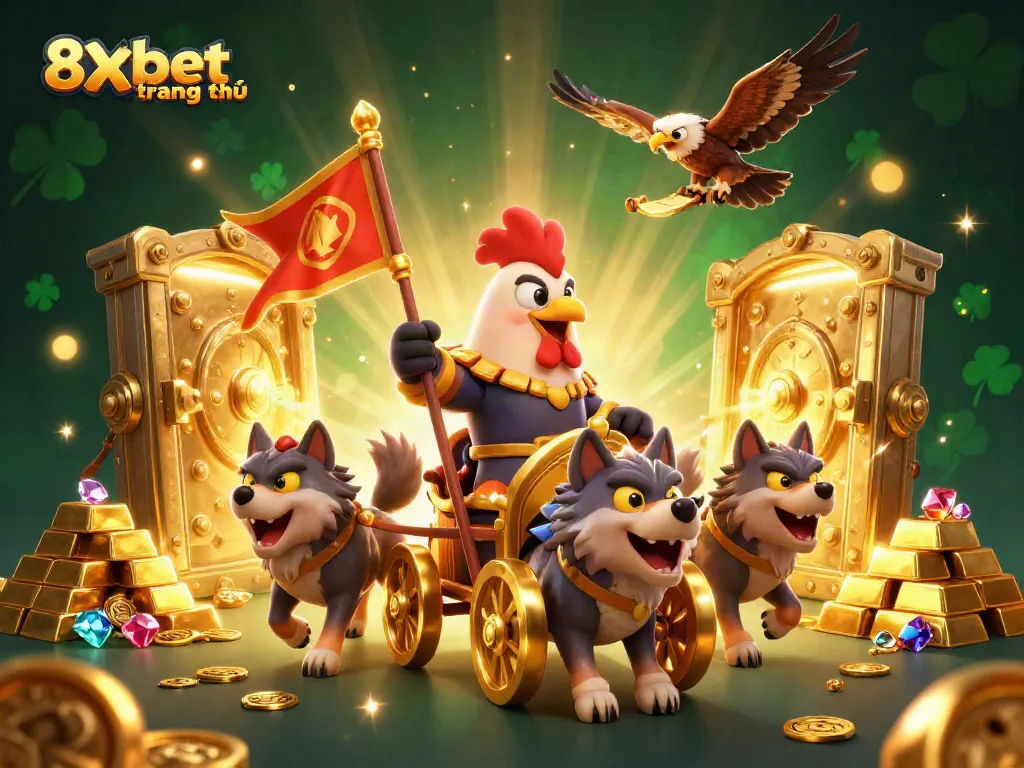 Experience excitement at 8xbet trang chủ with dynamic characters and a treasure-filled chariot battle scene.