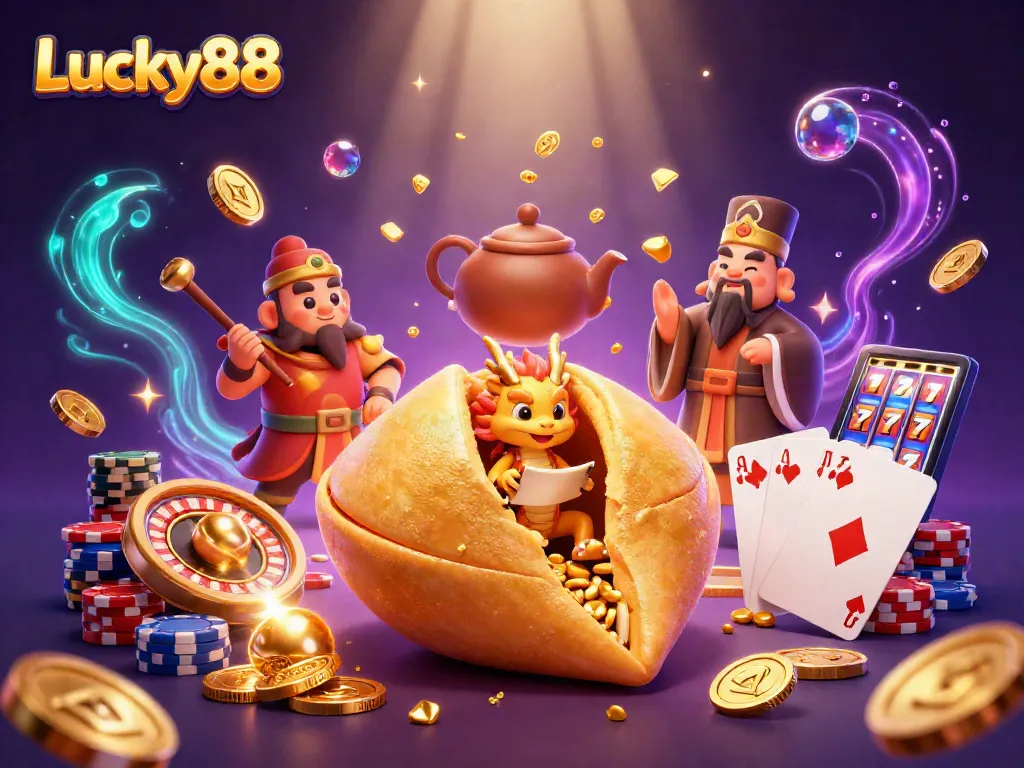 Experience the thrill of Lucky88 with vibrant coins and a magical casino scene.