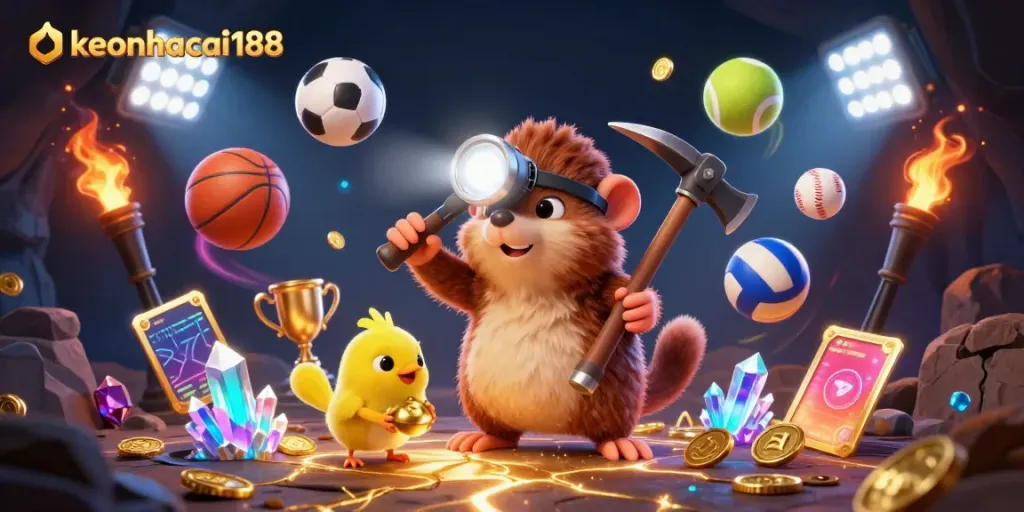 Bet on sports with keonhacai188, featuring a mining mole in a cave with gold while sports elements fly around.