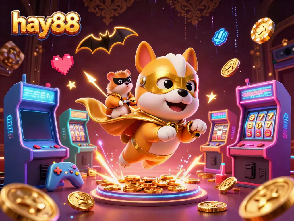 Win at hay88 with this lively 3D illustration of a superhero dog and hamster celebrating casino games.