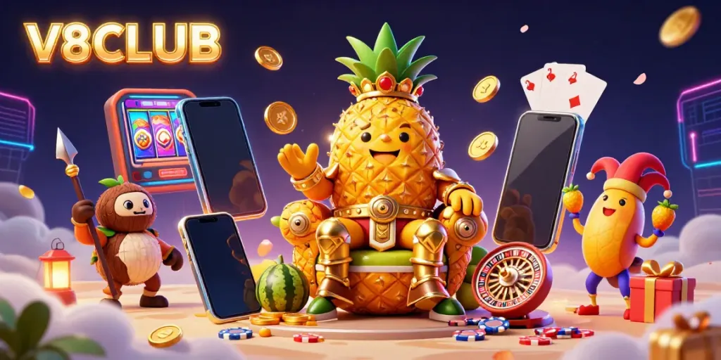 Engage with V8CLUB’s vibrant casino world featuring the golden pineapple king and lively gaming elements.