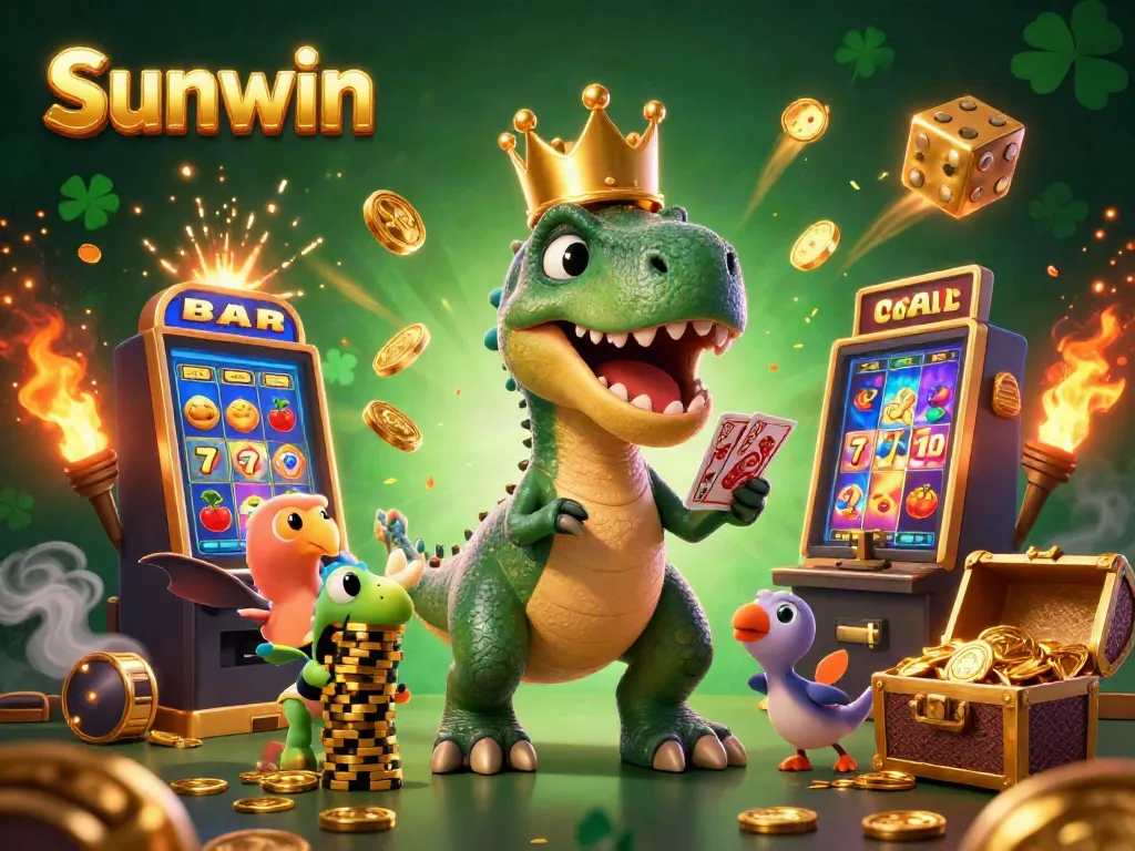 Experience high-stakes fun at Sunwin Casino with T-Rex and friends enjoying card games and jackpots.