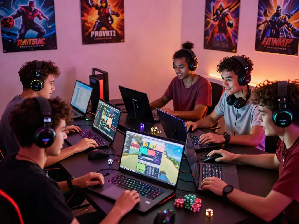 Group of friends enjoying casinos non gamblock uk, playing games together in a cozy setting.