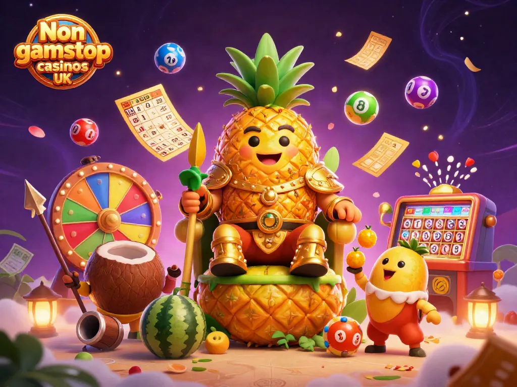 Experience gaming fun with Non gamstop casinos UK featuring a whimsical 3D pineapple king and vibrant casino elements.