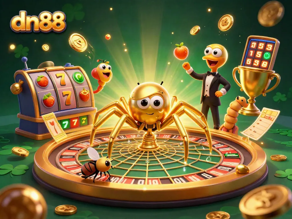 Experience thrilling gameplay at dn88 with a 3D golden spider, roulette wheel, and dynamic slot elements.