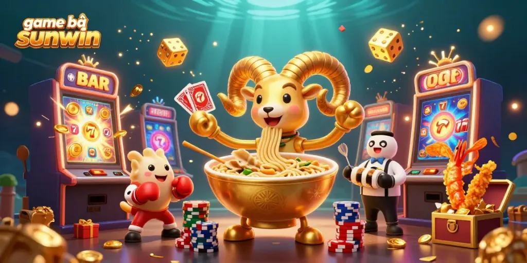 Engage in thrilling gaming action with game bài sunwin, depicted in a vibrant casino-inspired scene.