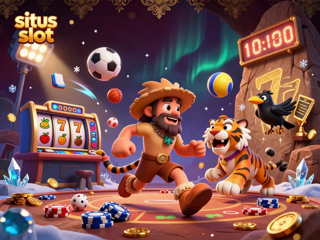 Experience thrilling spins at situs slot, showcasing a dynamic casino scene with caveman characters, slot elements, and action.