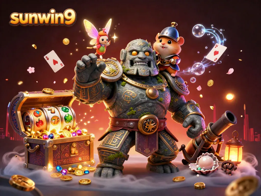 Experience thrilling casino action with sunwin9, featuring a magical golem and knight in an enchanting scene.