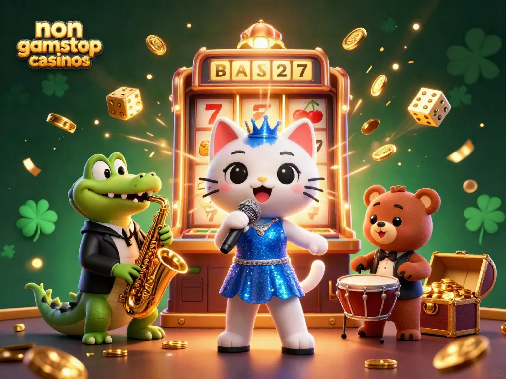 Jazz-singer cat and friends perform at non gamstop casinos, surrounded by jackpot elements and vibrant lights.