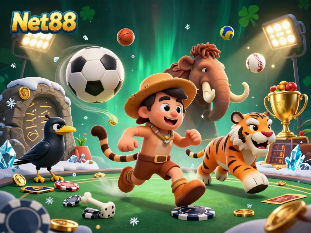 Engage with Net88 at a dynamic prehistoric casino featuring sports-themed elements and vibrant characters.