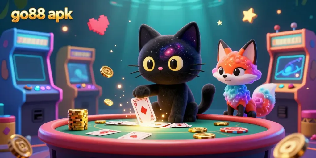 Engage with go88 apk's vibrant casino universe featuring a unique cat and fox duo.