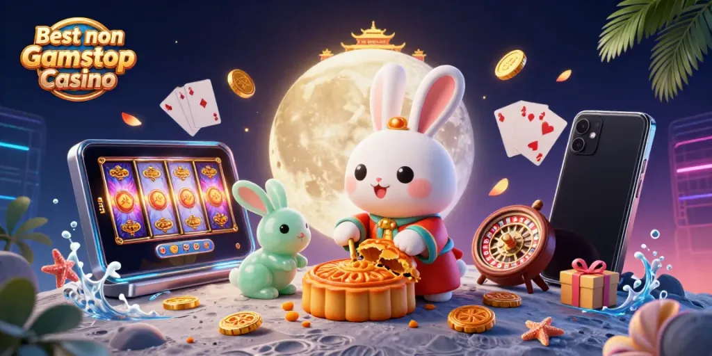 Engage with the thrills of Best non Gamstop Casino in a dynamic 3D scene featuring vibrant gaming elements.